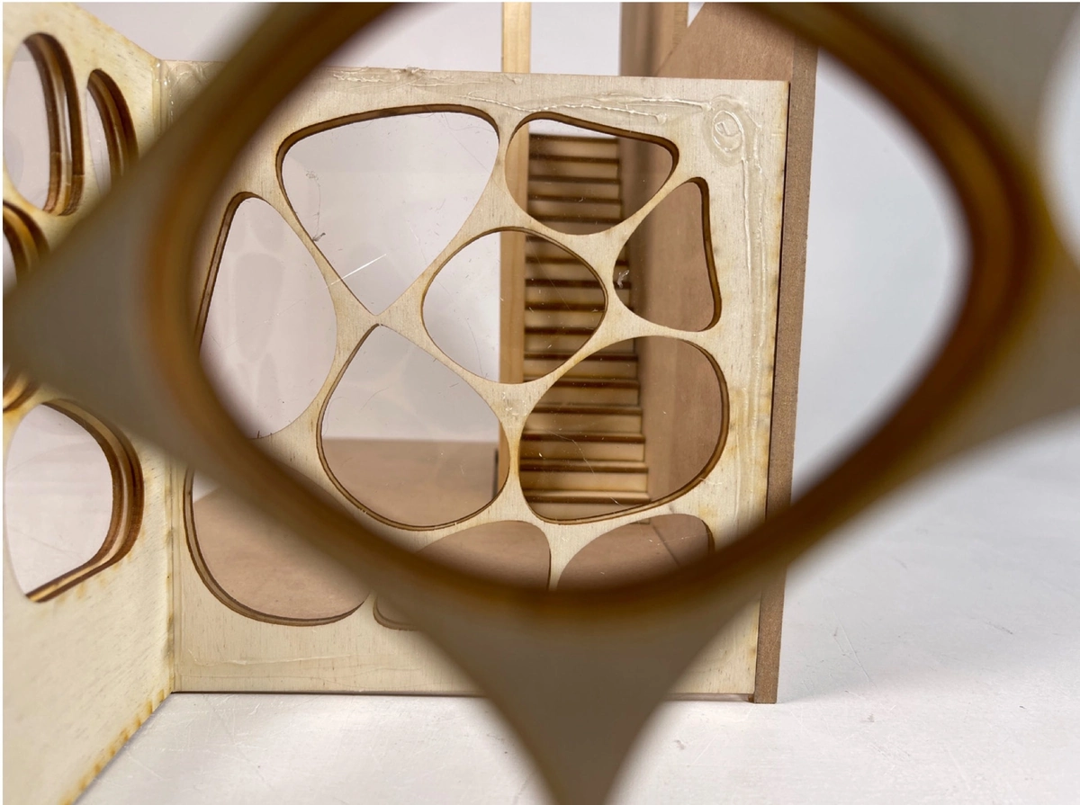 The stair framed through one opening