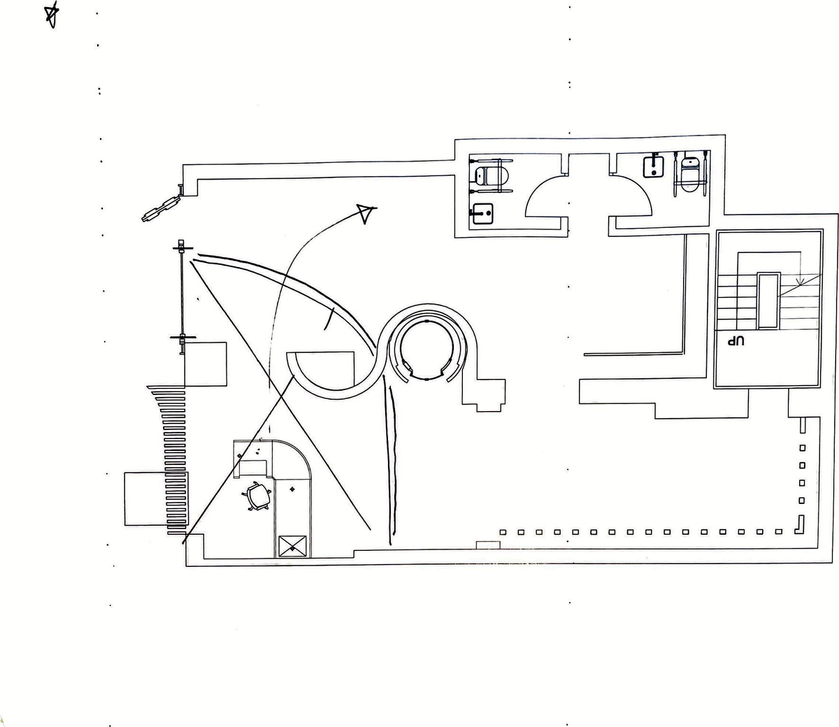 Plan study: curved stair and WCs