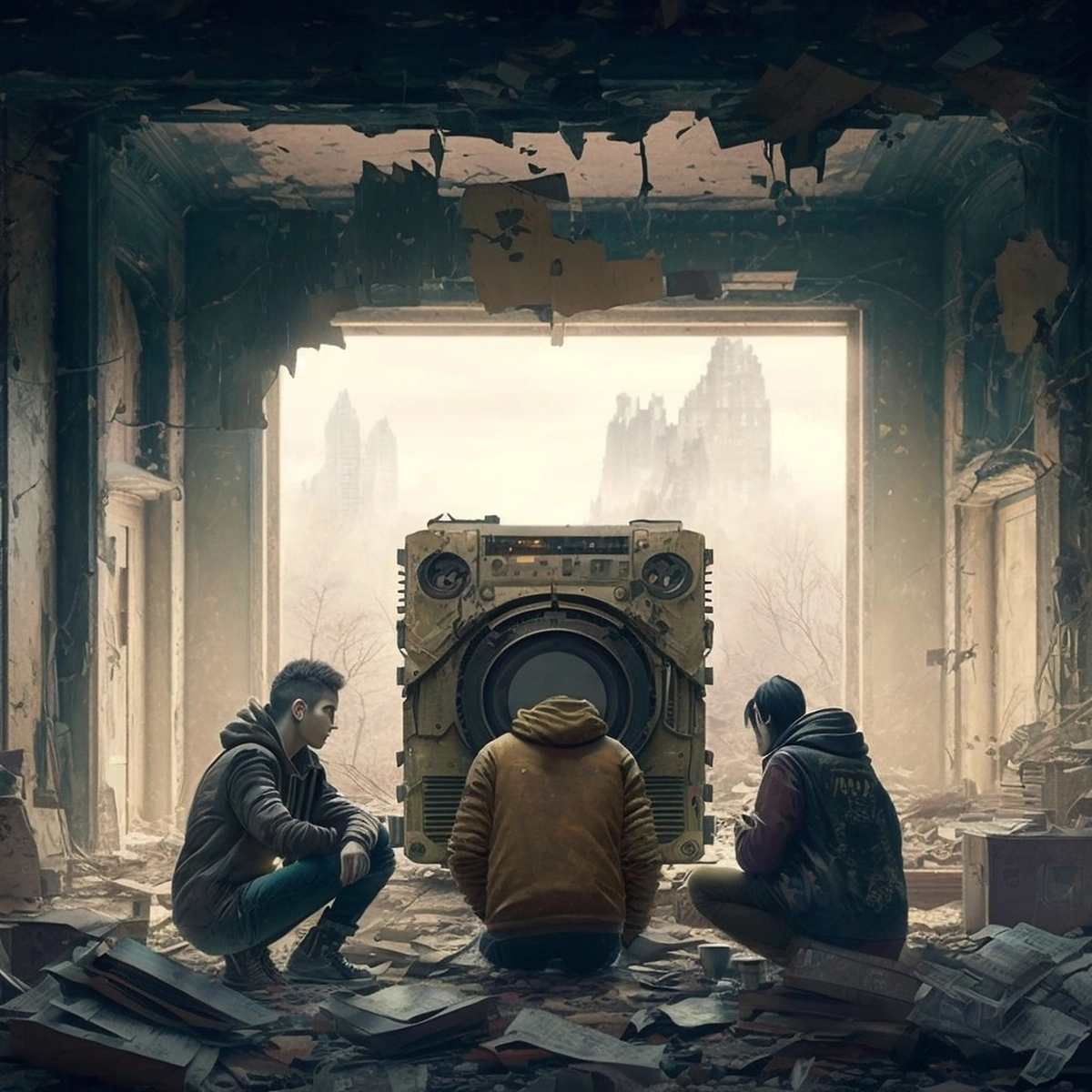 Survivors gather around a giant speaker