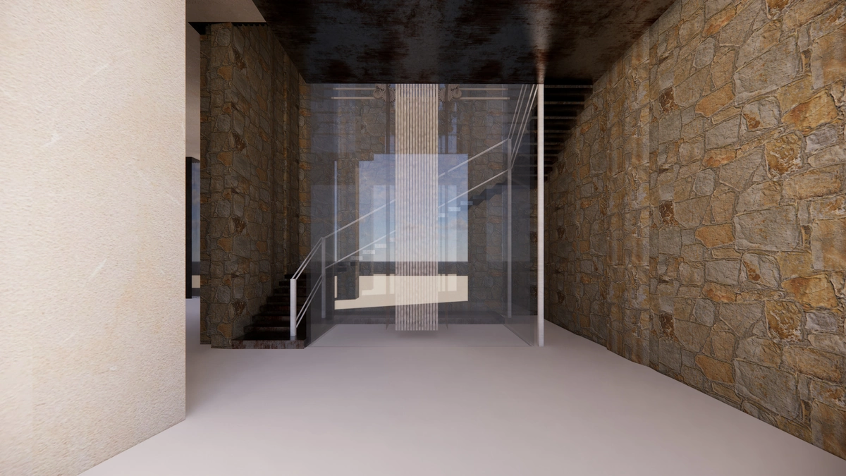Early interior: stone-walled hall with a glazed void