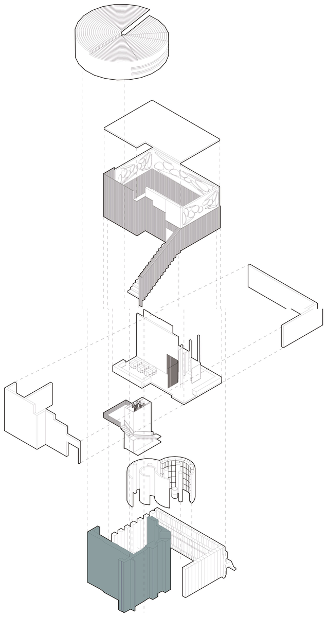 Exploded axonometric, pulled apart along the vertical axis