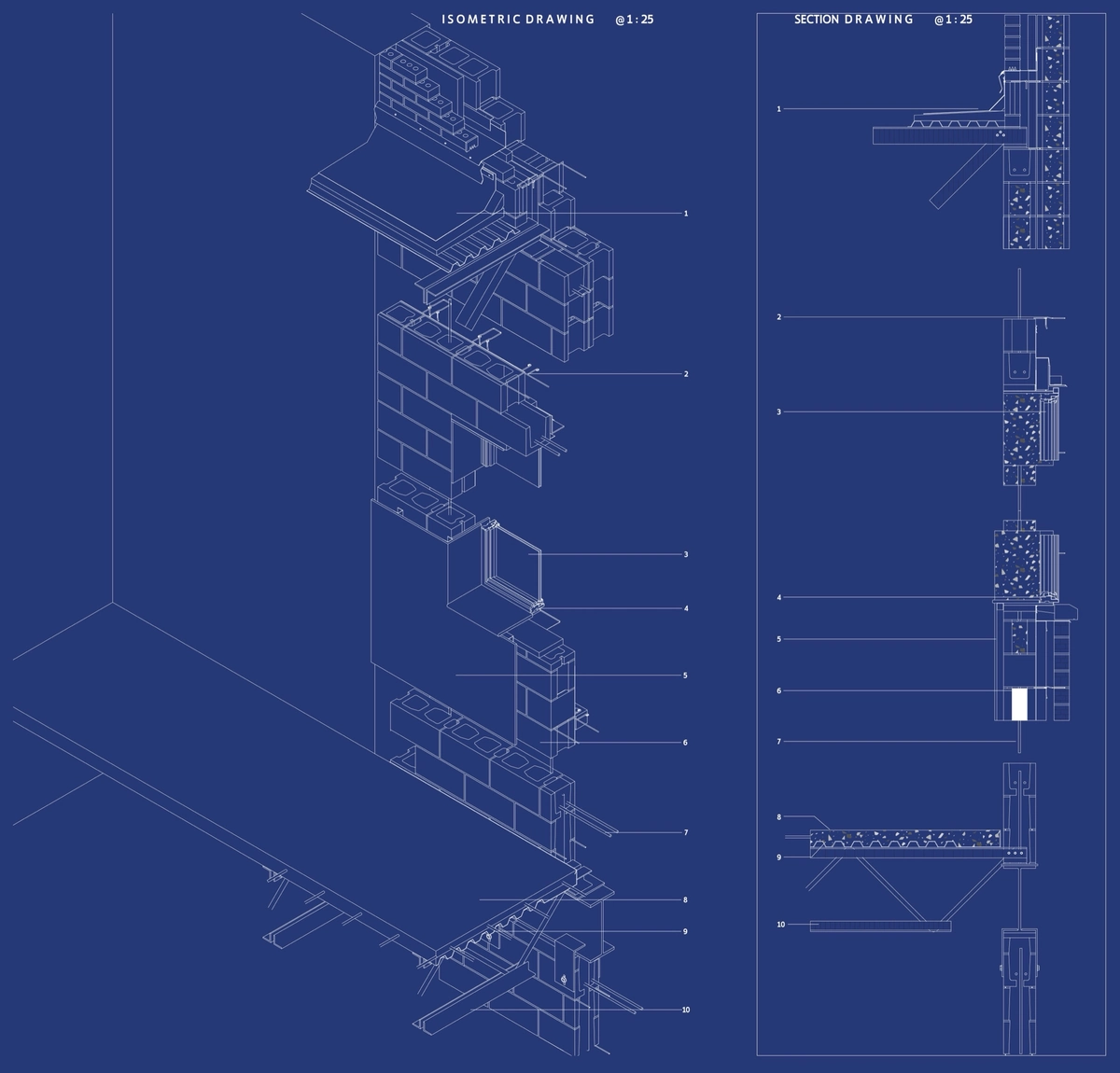 Isometric and section of the wall, both 1:25