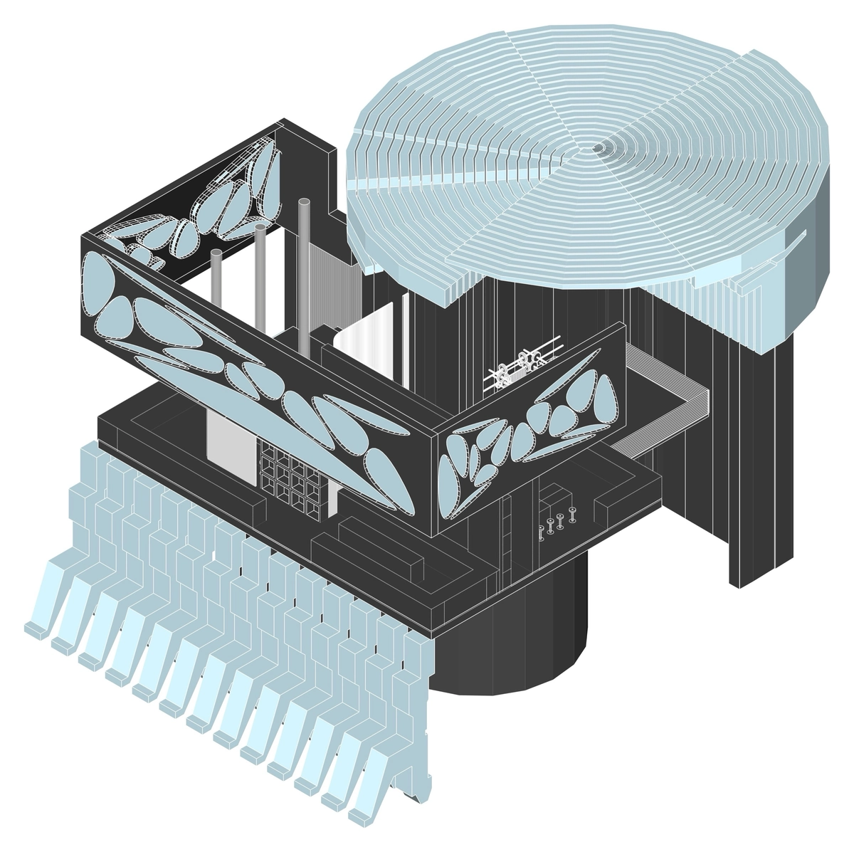 Daylight: glazed roof disc and patterned screens